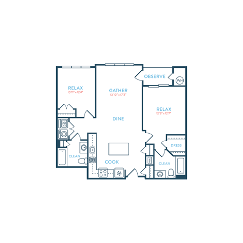 Floor plan for 2 beds, 2 baths, 1080 sqft
